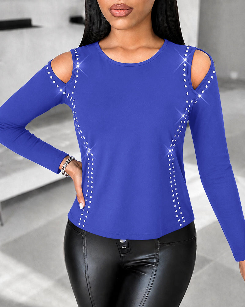 Women's Long Sleeve Top Sparkly Rhinestone Cutout Tee Slim Fit Round Neck T-Shirt