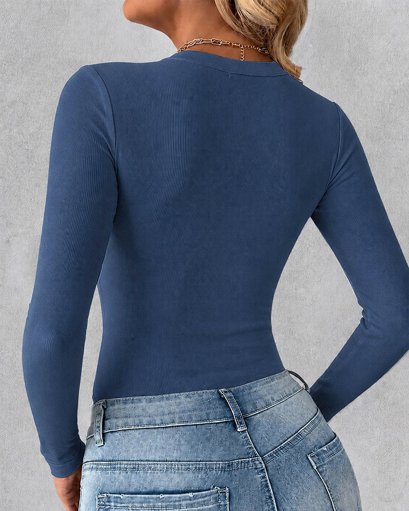 Women's Crewneck Long Sleeve Ribbed Knit Top Slim Fit Base Layer Shirt Soft Stretchy Casual Tee with Built-in Bra