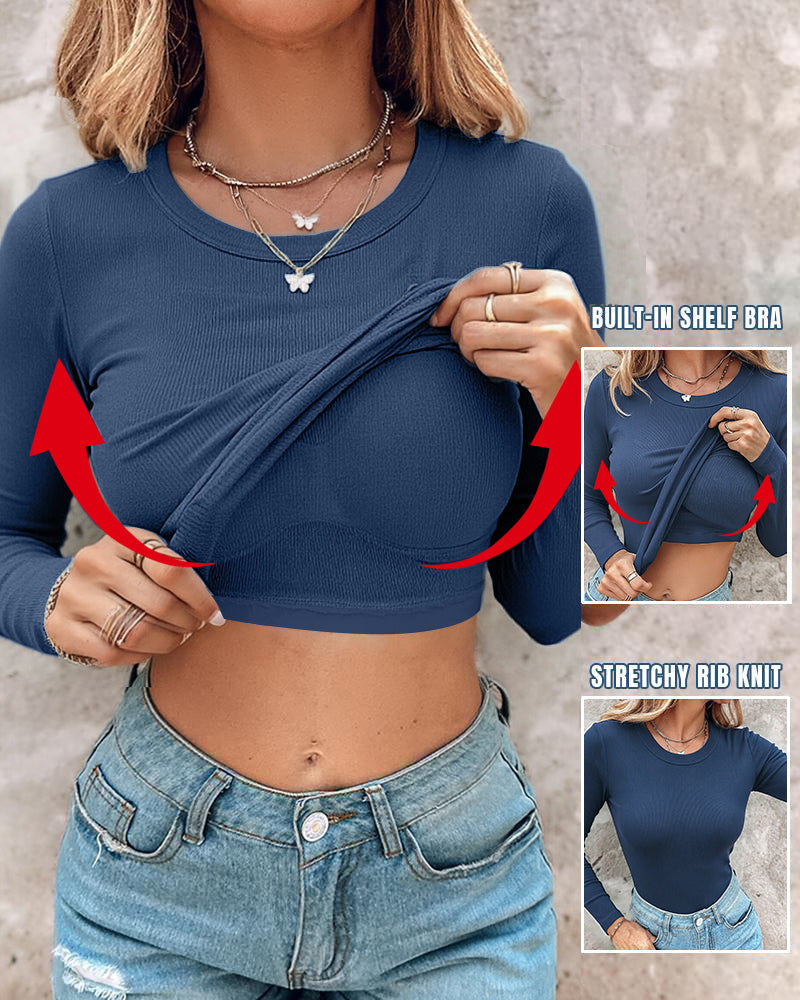 Women's Crewneck Long Sleeve Ribbed Knit Top Slim Fit Base Layer Shirt Soft Stretchy Casual Tee with Built-in Bra