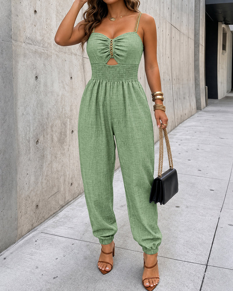 Women's Chain Decor Straps Jumpsuit Hollow Out Shirred Waist Overalls Casual Jogger Jumpsuit with Pockets