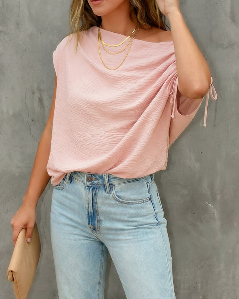 Skew Neck Drawstring Sleeve Loose Fit Casual Top