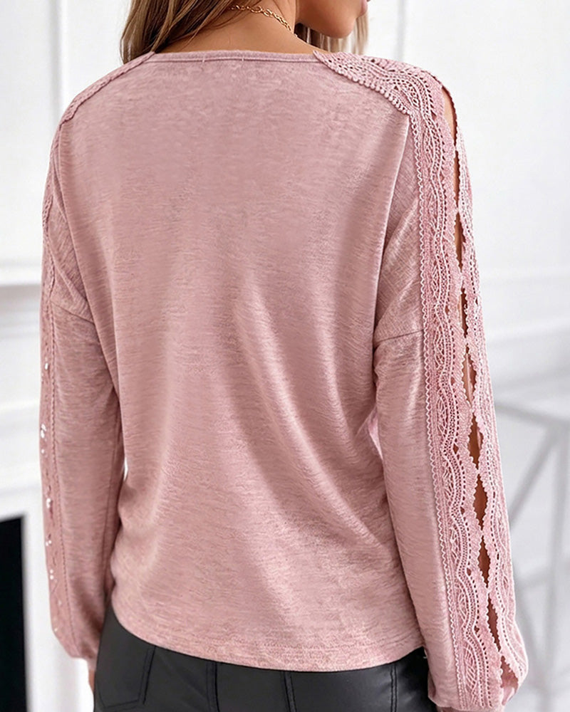 Women's Lace Patchwork V-Neck Top Hollow Out Drop Shoulder Long Sleeve Knit Pullover Elegant Loose Fit Casual Tee