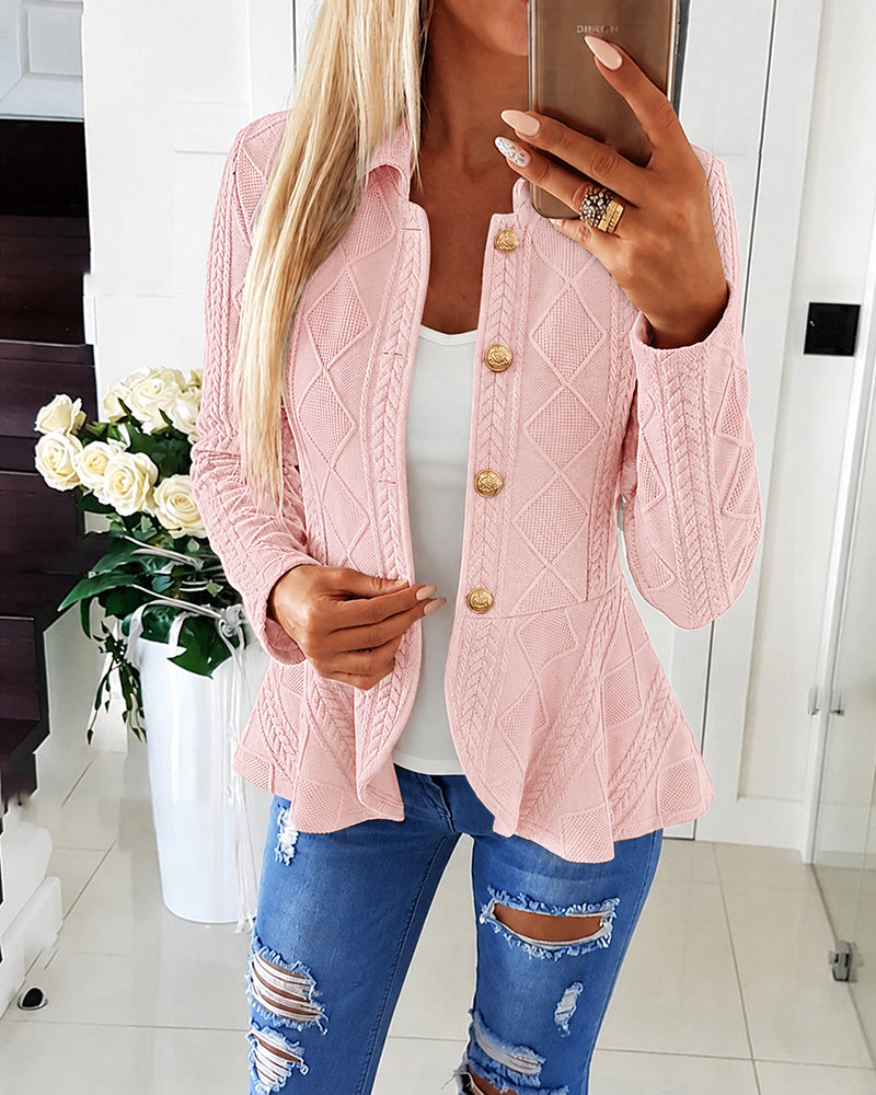 Women's Argyle Cable Knit Jacket Elegant Lapel Collar Gold Button Down Cardigan Ruffle Hem Long Sleeve Coat