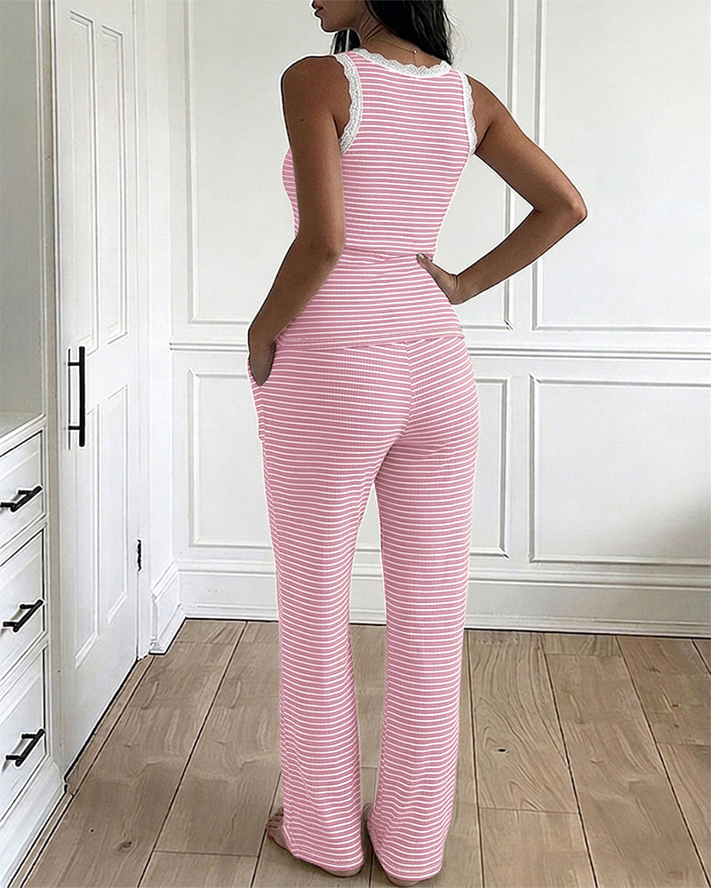CHICME ESSENCE Women's 2 Piece Lace Trim Stripe Lounge Set Sleeveless Tank Top and Wide Leg Pants Set Rib Knit Pajamas Set with Pockets