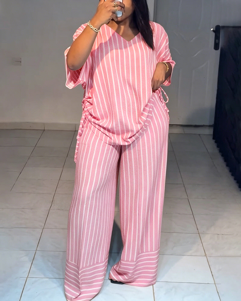 Women's Striped 2 Piece Outfits V Neck Short Sleeve Drawstring Top and Wide Leg Pants Set with Pockets
