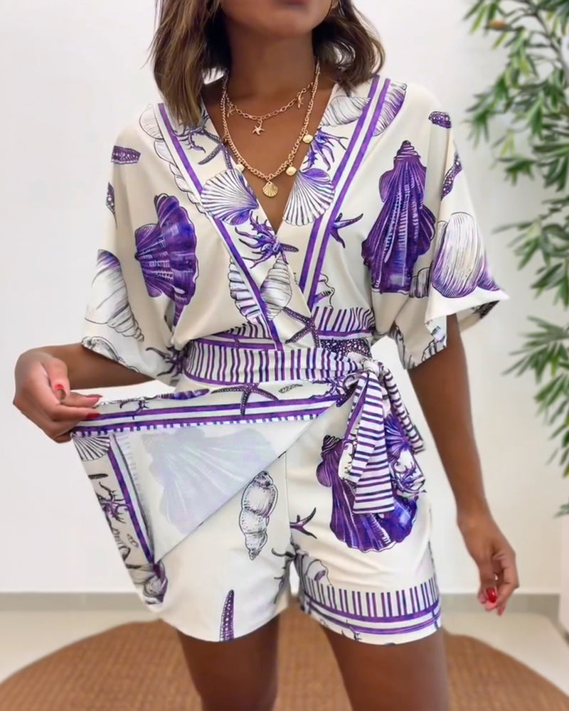 Starfish & Seashell Print Overlap V Neck Half Sleeve Wrap Knot Side Romper Casual Stretchy Back Waist Vacation Romper