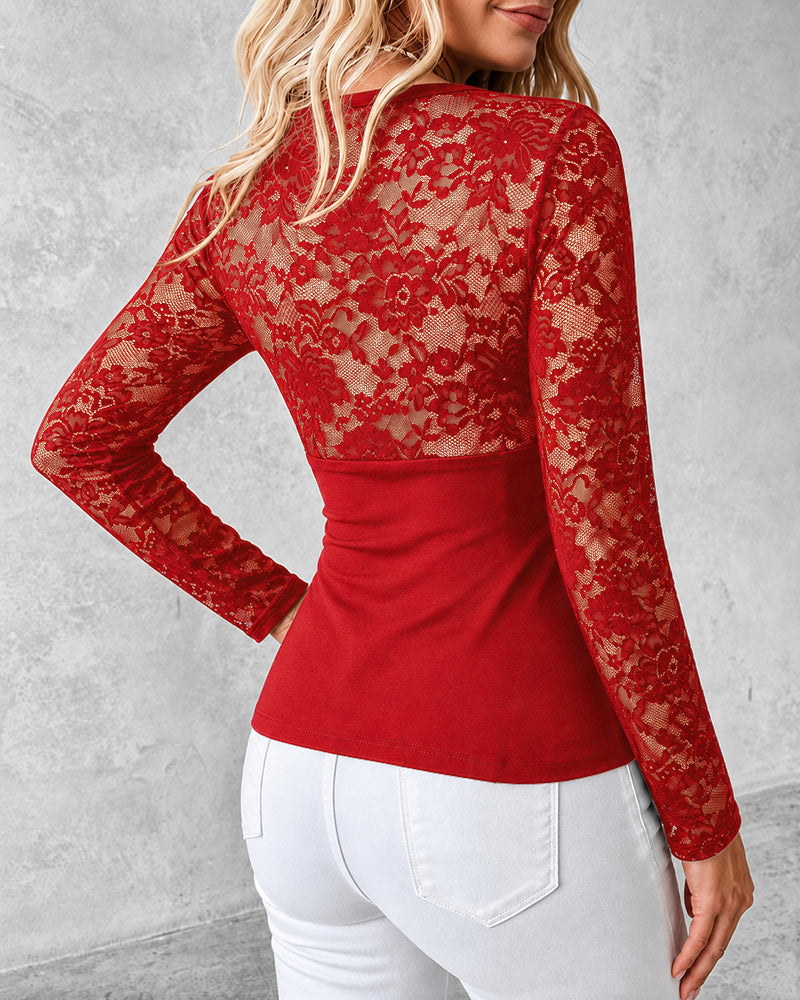 Women's V Neck Lace Patchwork Top Sexy Long Sleeve Slim Fit Blouse Floral Gold Button Front Slit Peplum Top