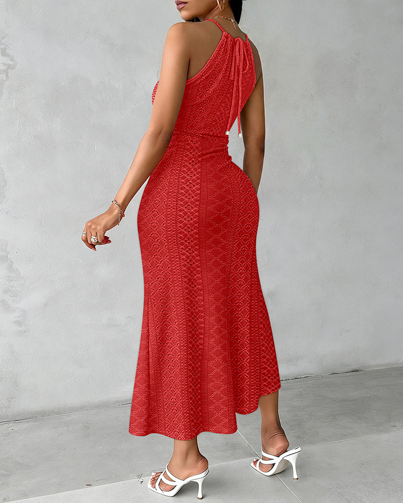 Adjustable Halter Hollow-out Back Ruched Front Slit Dress Guipure Lace Yoke Eyelet Embroidery Vacation Dress