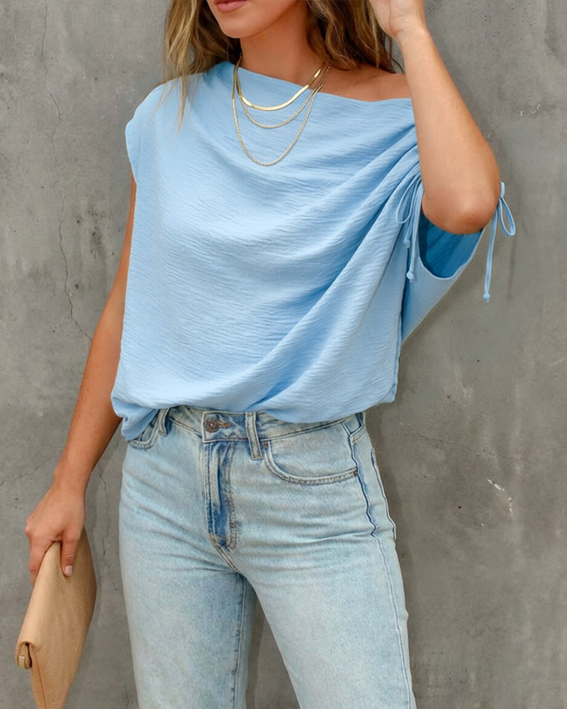 Skew Neck Drawstring Sleeve Loose Fit Casual Top
