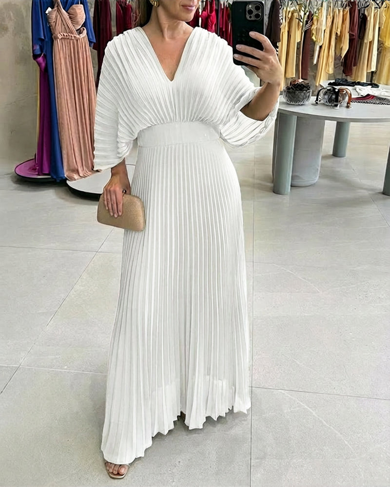 Deep V-Neck Batwing Sleeve High Waist Pleated Maxi Dress Casual Cinched Waist Backless Tied Detail Zipper Back Evening Dress