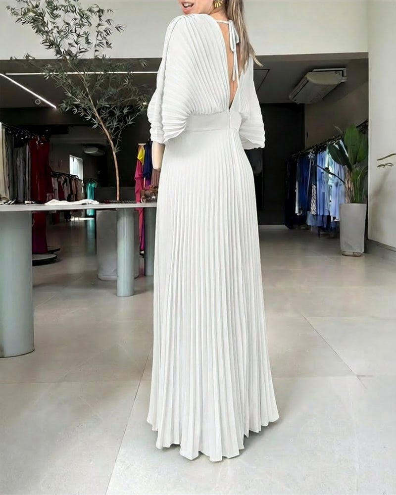 Deep V-Neck Batwing Sleeve High Waist Pleated Maxi Dress Casual Cinched Waist Backless Tied Detail Zipper Back Evening Dress