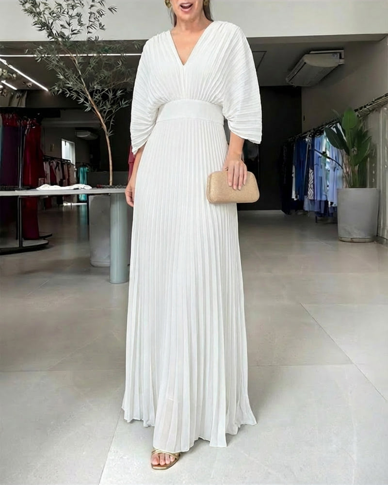 Deep V-Neck Batwing Sleeve High Waist Pleated Maxi Dress Casual Cinched Waist Backless Tied Detail Zipper Back Evening Dress