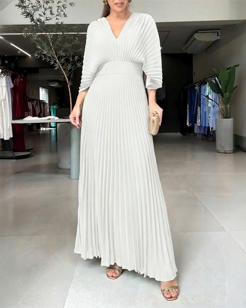 Deep V-Neck Batwing Sleeve High Waist Pleated Maxi Dress Casual Cinched Waist Backless Tied Detail Zipper Back Evening Dress