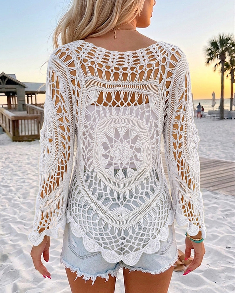 Women's Crochet Hollow Out Knit Top Batwing Sleeve Loose Cover Up Asymmetric Hem Sheer Bohemian Knitwear