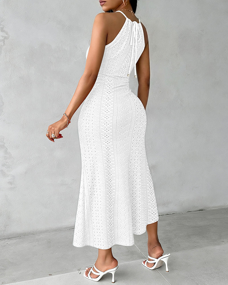 Adjustable Halter Hollow-out Back Ruched Front Slit Dress Guipure Lace Yoke Eyelet Embroidery Vacation Dress