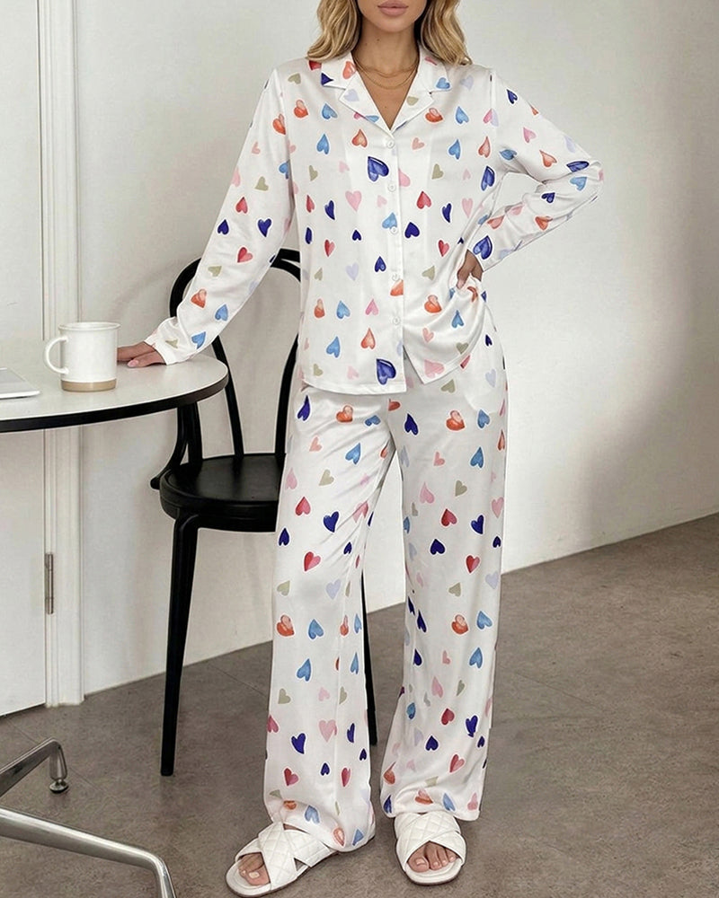 CHICME ESSENCE Women's Colorful Heart Print 2 Piece Pajama Set Long Sleeve Button Down Top and High Waisted Pants Casual Lounge Sets