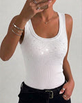 Rhinestone Decor U-Neck Sleeveless Slim Fit Ribbed Tank Top