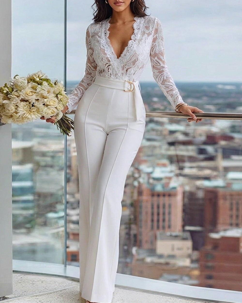 Crochet Lace Trim Deep V-Neck Floral Lace Spliced Ovearalls Casual Zipper Back Seam Front Jumpsuit with Belt