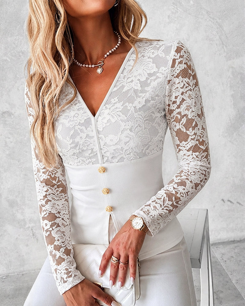 Women's V Neck Lace Patchwork Top Sexy Long Sleeve Slim Fit Blouse Floral Gold Button Front Slit Peplum Top