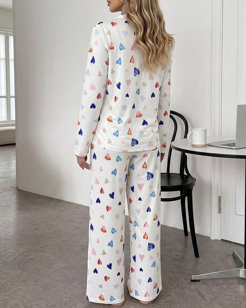 CHICME ESSENCE Women's Colorful Heart Print 2 Piece Pajama Set Long Sleeve Button Down Top and High Waisted Pants Casual Lounge Sets