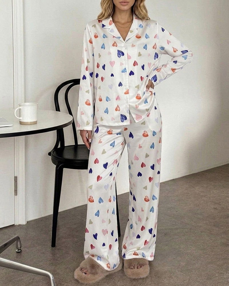 CHICME ESSENCE Women's Colorful Heart Print 2 Piece Pajama Set Long Sleeve Button Down Top and High Waisted Pants Casual Lounge Sets
