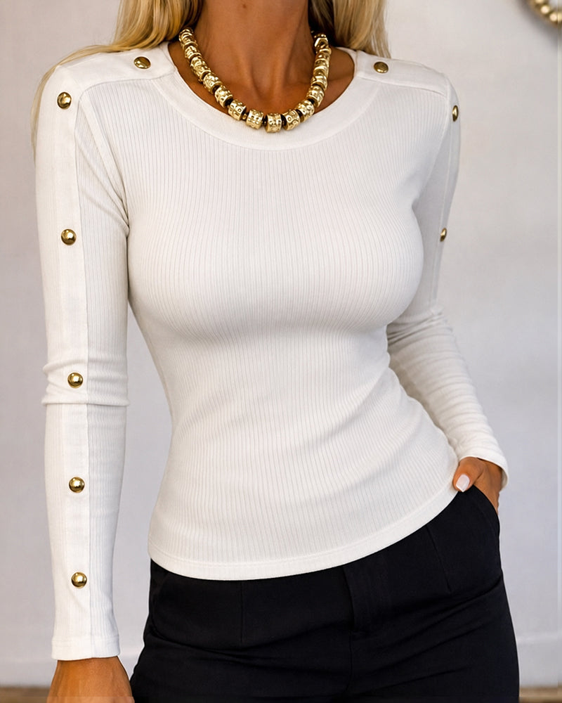 Women's Gold Studded Long Sleeve Rib-Knit T-Shirt Slim Fit Round Neck Top
