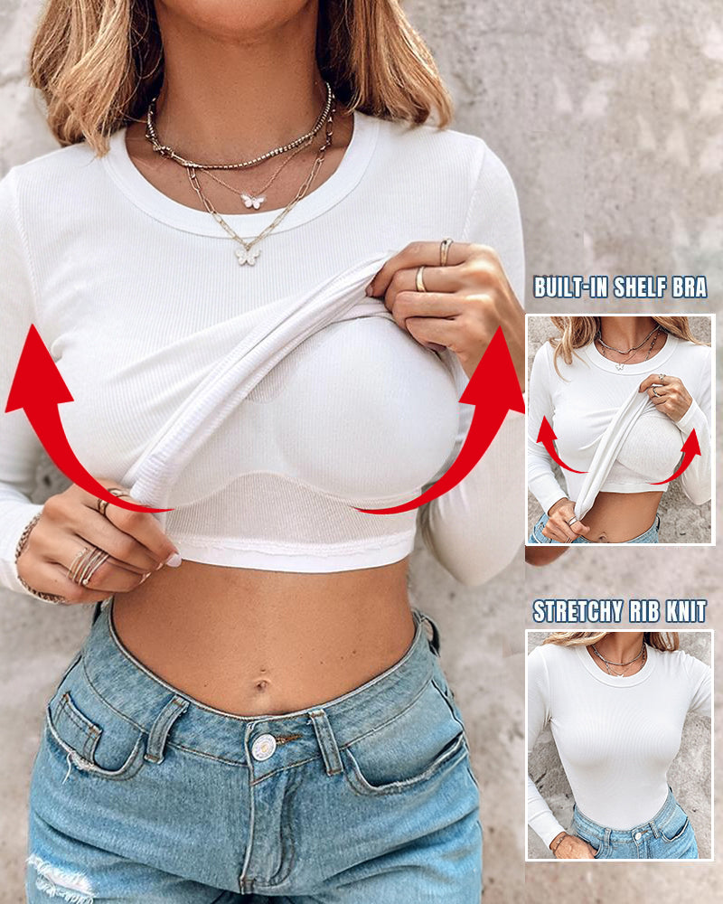 Women's Crewneck Long Sleeve Ribbed Knit Top Slim Fit Base Layer Shirt Soft Stretchy Casual Tee with Built-in Bra