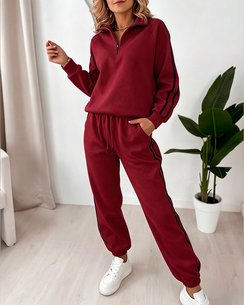 Women's Contrast Side Stripe Two Piece Sweatsuit Half Zip Sweatshirt and High Waisted Joggers Set Casual Tracksuit