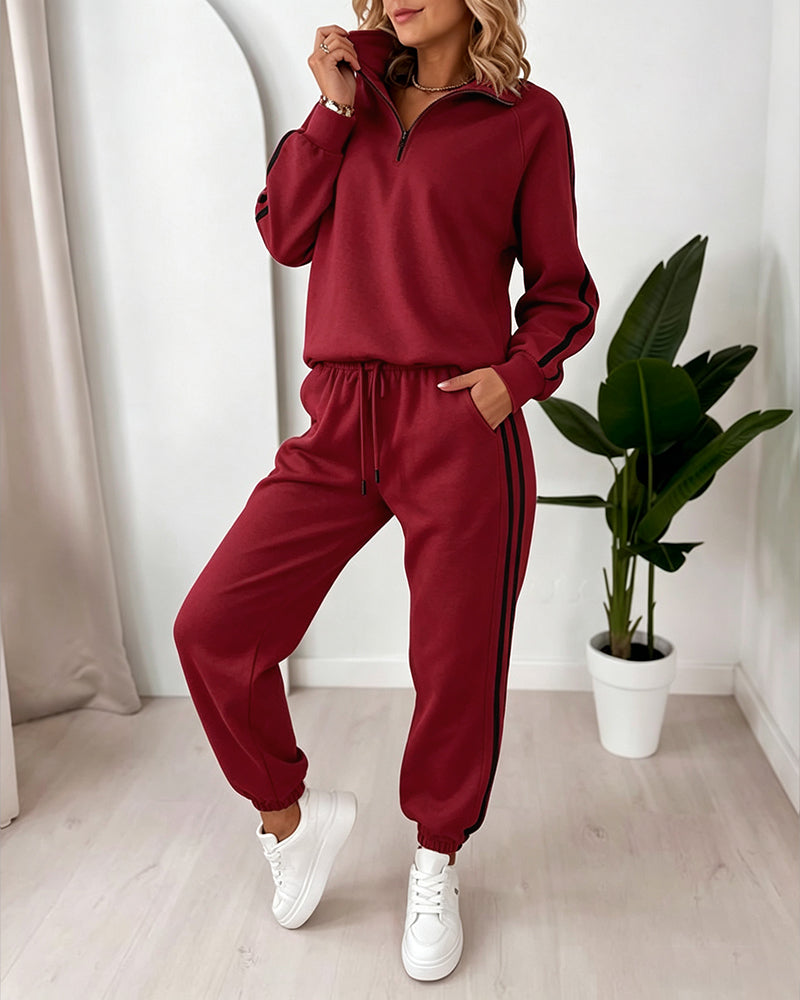 Women's Contrast Side Stripe Two Piece Sweatsuit Half Zip Sweatshirt and High Waisted Joggers Set Casual Tracksuit