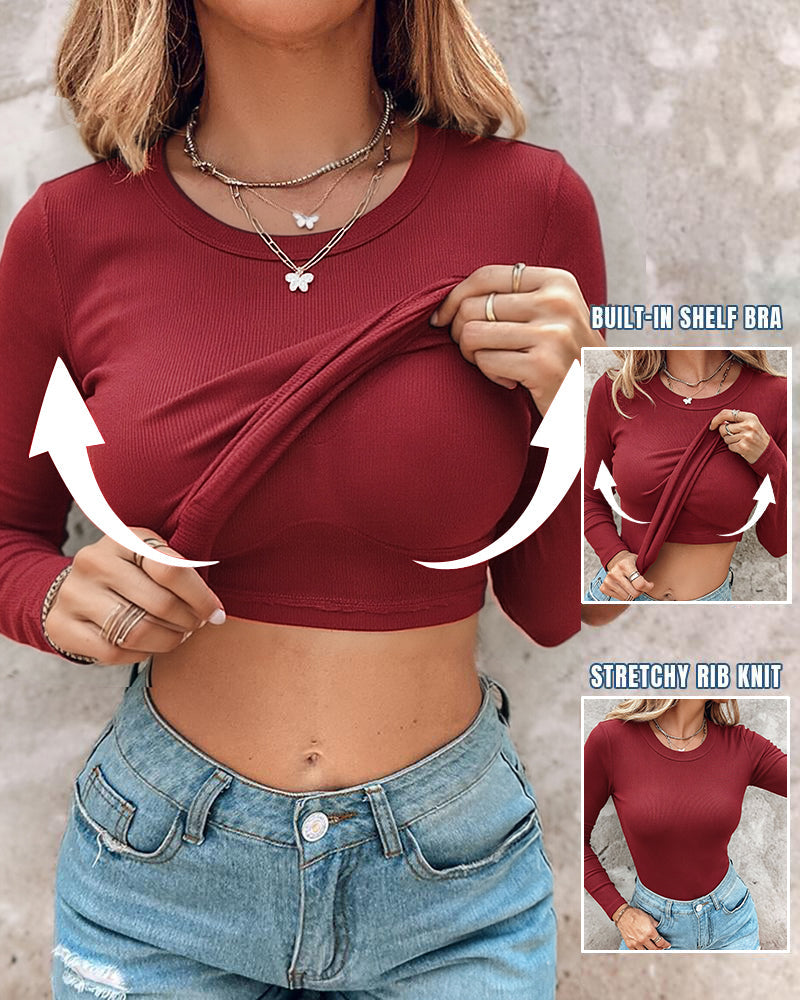 Women's Crewneck Long Sleeve Ribbed Knit Top Slim Fit Base Layer Shirt Soft Stretchy Casual Tee with Built-in Bra