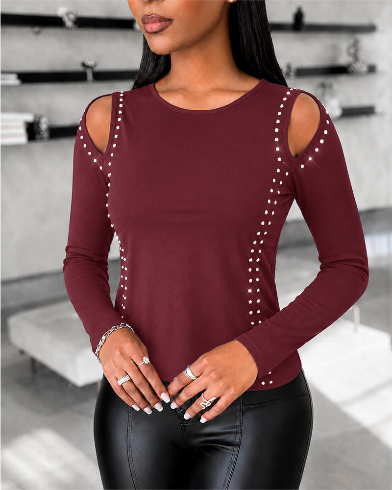 Women's Long Sleeve Top Sparkly Rhinestone Cutout Tee Slim Fit Round Neck T-Shirt