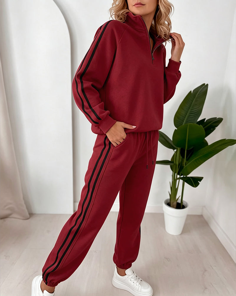 Women's Contrast Side Stripe Two Piece Sweatsuit Half Zip Sweatshirt and High Waisted Joggers Set Casual Tracksuit
