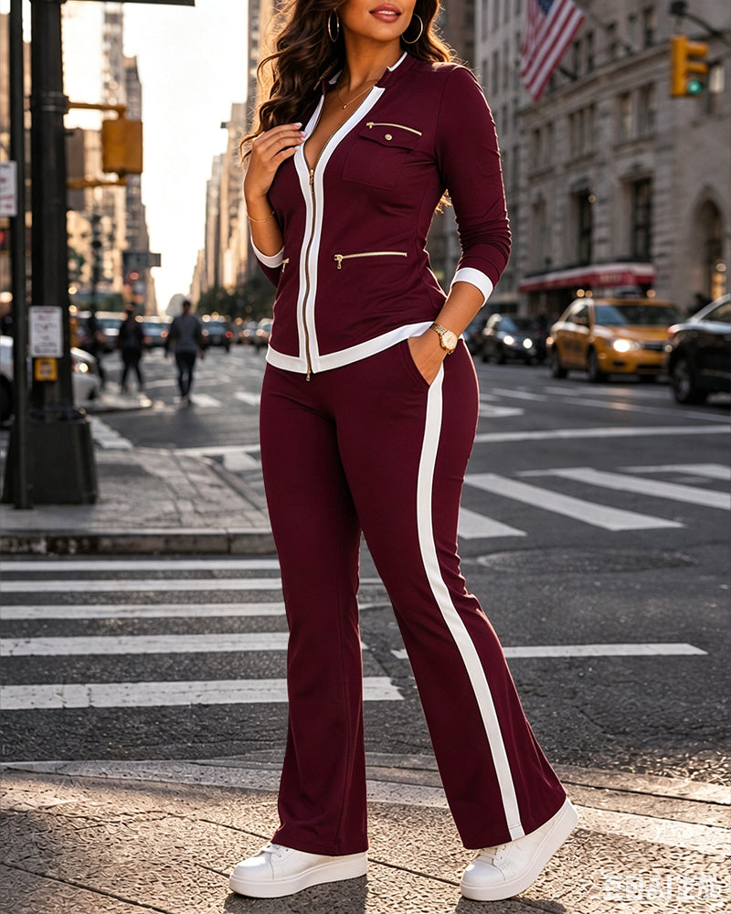 Women's 2 Piece Set Two-Way Zipper Front Stand Collar Top and High Waist Straight Leg Pants Casual Tracksuit