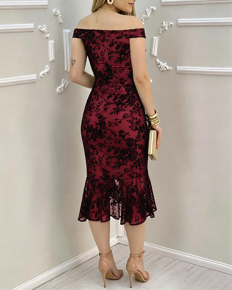 Women's Flock Floral Mesh Dress Off Shoulder Ruffle Hem Bodycon Dress Slit Evening Party Mermaid Gown