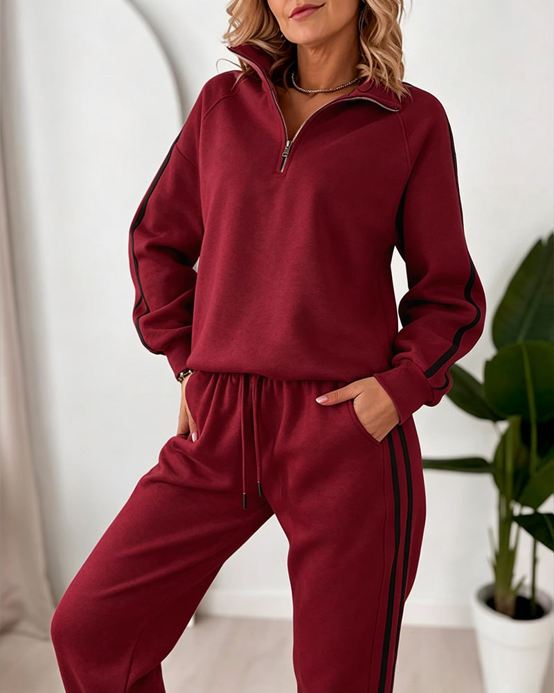 Women's Contrast Side Stripe Two Piece Sweatsuit Half Zip Sweatshirt and High Waisted Joggers Set Casual Tracksuit
