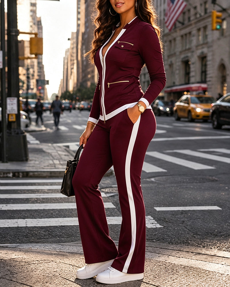 Women's 2 Piece Set Two-Way Zipper Front Stand Collar Top and High Waist Straight Leg Pants Casual Tracksuit