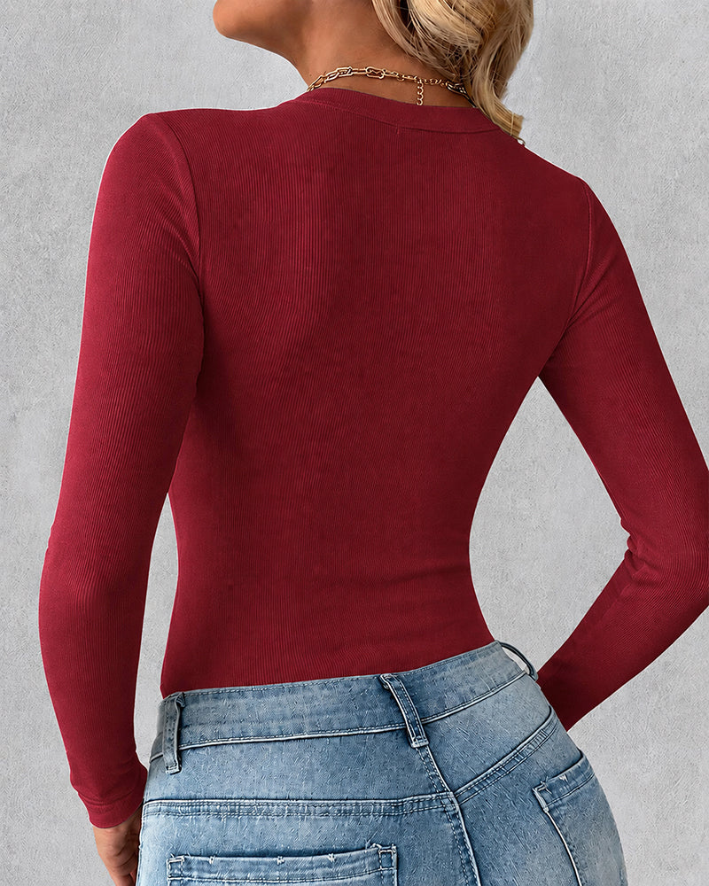 Women's Crewneck Long Sleeve Ribbed Knit Top Slim Fit Base Layer Shirt Soft Stretchy Casual Tee with Built-in Bra