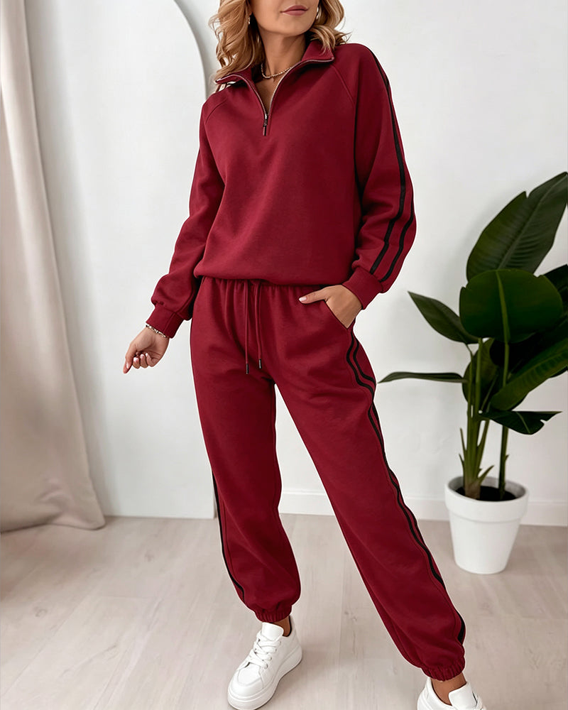 Women's Contrast Side Stripe Two Piece Sweatsuit Half Zip Sweatshirt and High Waisted Joggers Set Casual Tracksuit