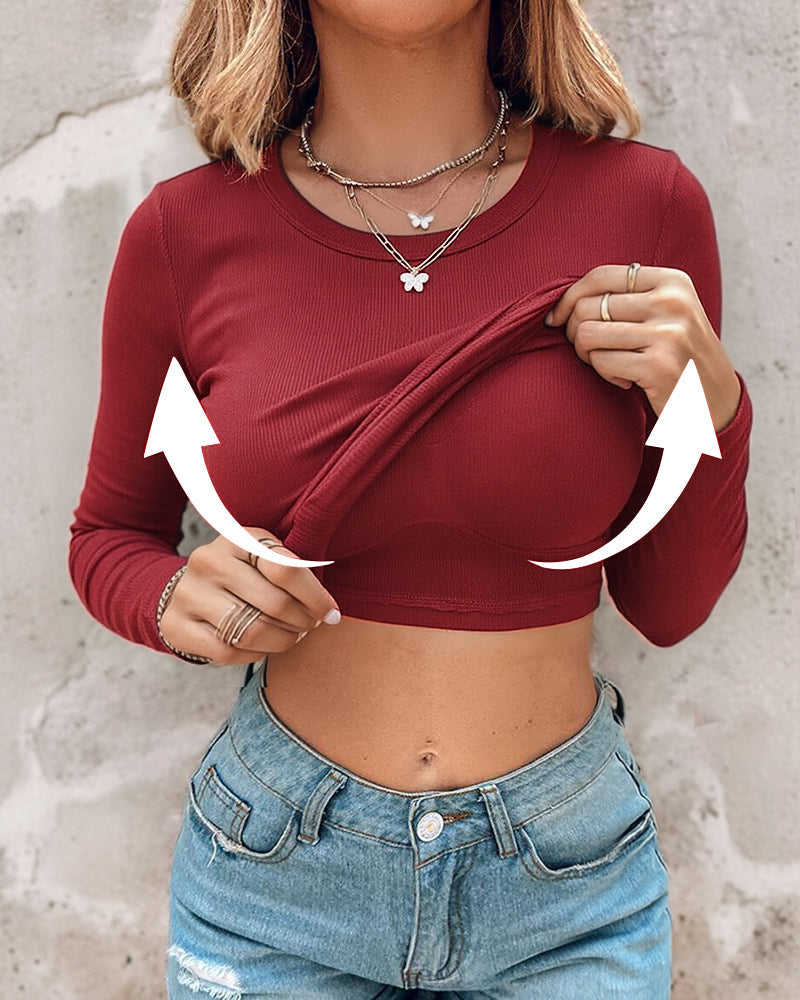 Women's Crewneck Long Sleeve Ribbed Knit Top Slim Fit Base Layer Shirt Soft Stretchy Casual Tee with Built-in Bra