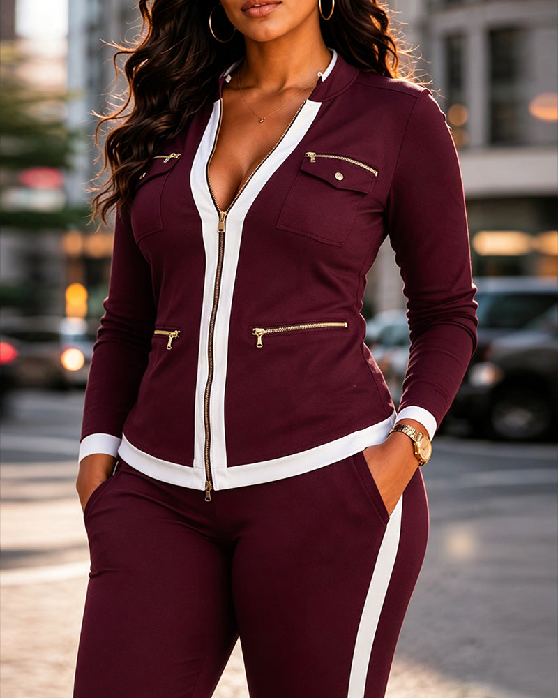 Women's 2 Piece Set Two-Way Zipper Front Stand Collar Top and High Waist Straight Leg Pants Casual Tracksuit