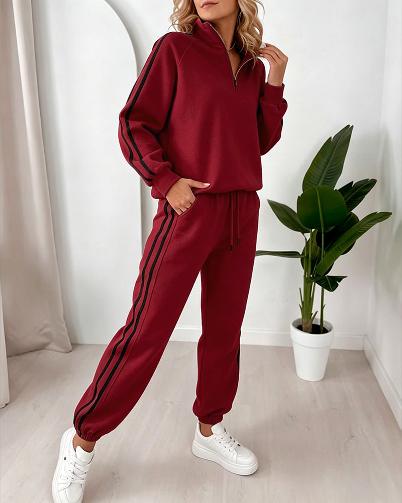 Women's Contrast Side Stripe Two Piece Sweatsuit Half Zip Sweatshirt and High Waisted Joggers Set Casual Tracksuit