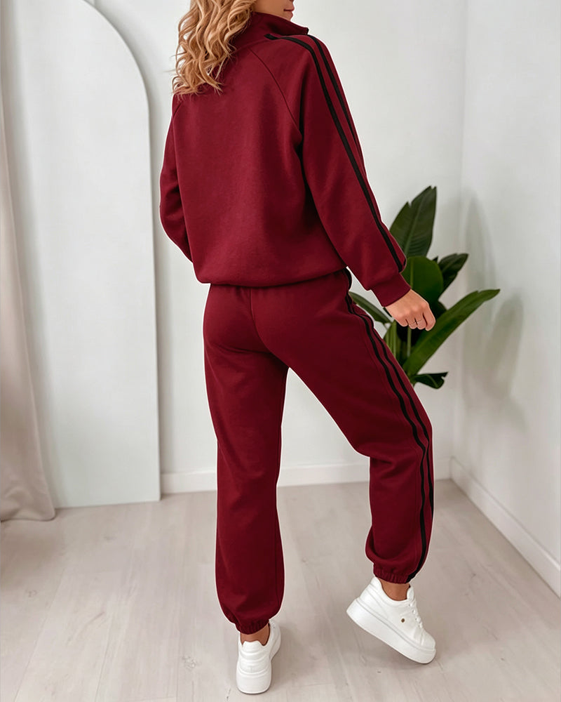 Women's Contrast Side Stripe Two Piece Sweatsuit Half Zip Sweatshirt and High Waisted Joggers Set Casual Tracksuit