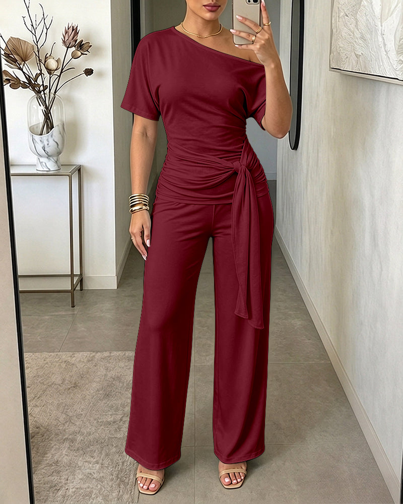 Women's Skew Neck 2 Piece Outfits Ruched Tie Waist Short Sleeve Top and High Waisted Wide Leg Pants Lounge Set