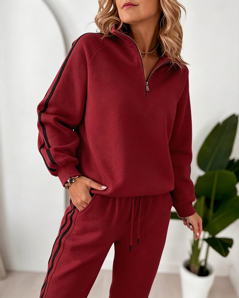 Women's Contrast Side Stripe Two Piece Sweatsuit Half Zip Sweatshirt and High Waisted Joggers Set Casual Tracksuit