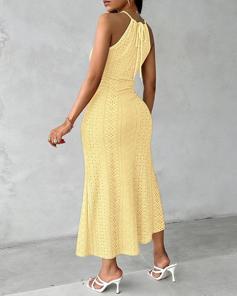Adjustable Halter Hollow-out Back Ruched Front Slit Dress Guipure Lace Yoke Eyelet Embroidery Vacation Dress