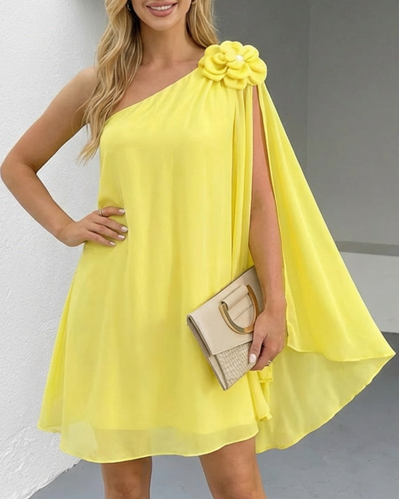 3D Flower Decor One Shoulder Sleeveless Mini Dress Casual A Line Vacation Dress