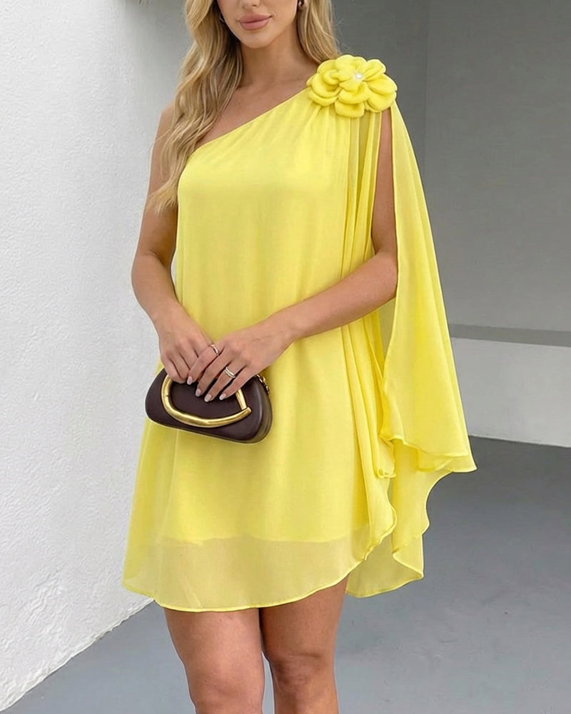 3D Flower Decor One Shoulder Sleeveless Mini Dress Casual A Line Vacation Dress