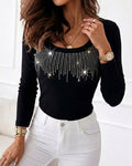 Women's Square Neck Long Sleeve Top Rhinestone Ribbed Knit Shirt Slim Fit Casual Sparkly Tee